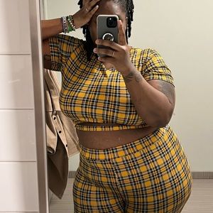 3 pc crop top set with ruched bottoms.